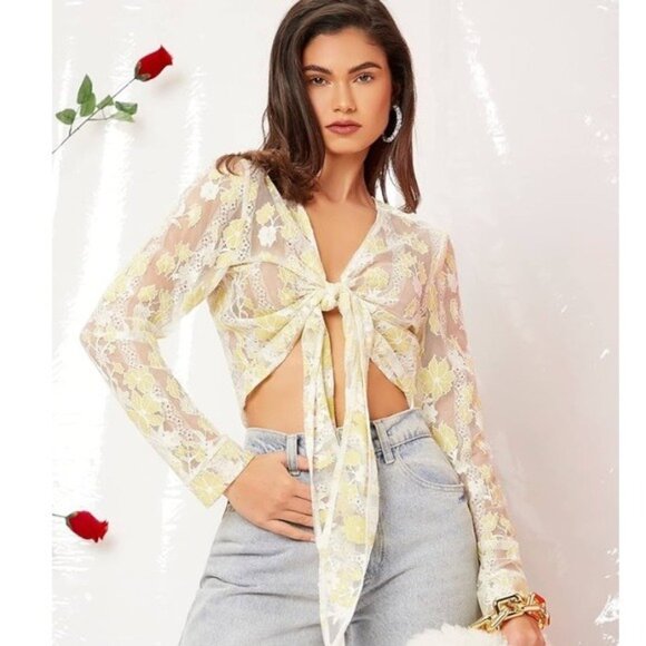 Momokrom Sheer Embroidered Floral Tie-Up Top Small Coquette Fairycore Romantic - Picture 1 of 14